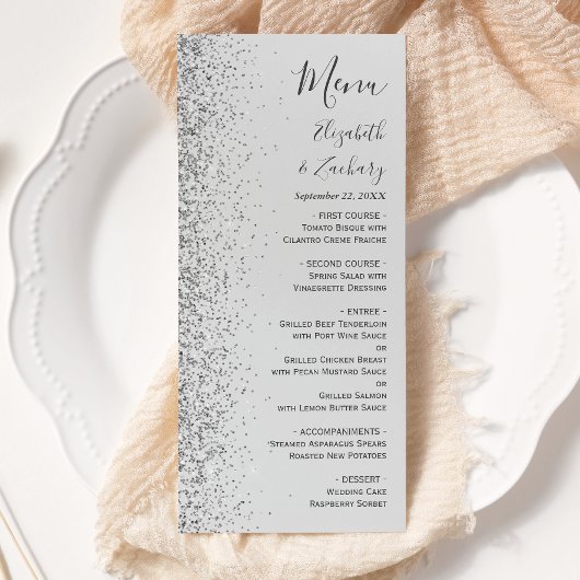 Moderne, hellgraue Silver Glitzer Edge Wedding Menükarte