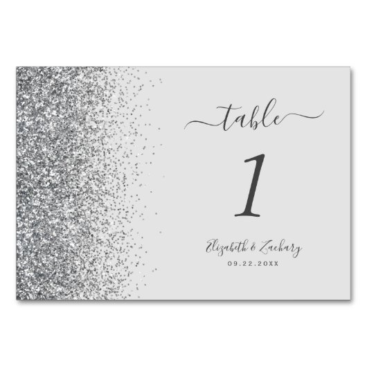 Moderne, hellgraue Silver Glitzer Edge Wedding Tischnummer (Rückseite)