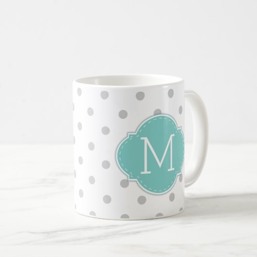 Moderne hellgraue Tupfen mit blauem Monogramm Kaffeetasse (VorderseiteRechts)