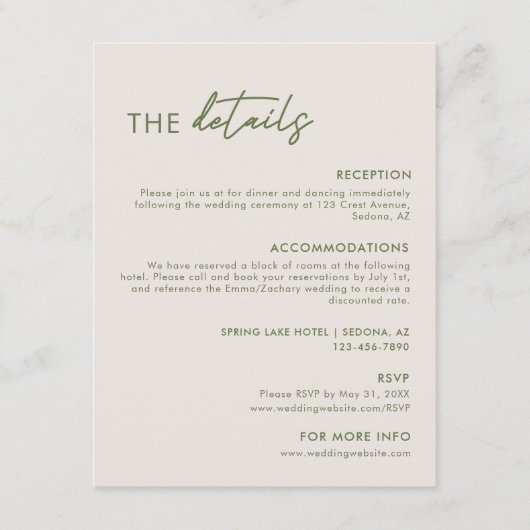 Moderne hellgraue und olive-grüne Hochzeitsdetails Begleitkarte (Vorderseite)