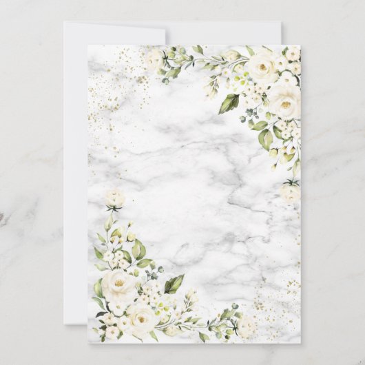 Moderne, hellgraue, weiße, florale Goldmarmor Hoch Einladung (Rückseite)