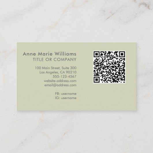 Moderne Hellgrün-Weiße Skript-Monogramm-QR-Code Visitenkarte (Rückseite)