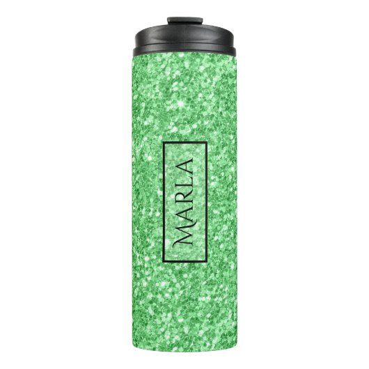 Moderne, hellgrüne Glitzer Textur Thermosbecher (Vorderseite)