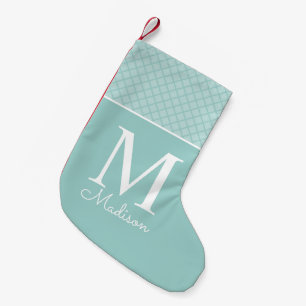 Moderne hellgrüne karierte Muster-Namensmonogramm Kleiner Weihnachtsstrumpf