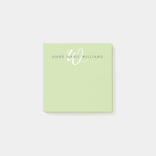 Moderne hellgrüne weiße Schreibschrift-Monogramm Post-it Klebezettel (Vorderseite)