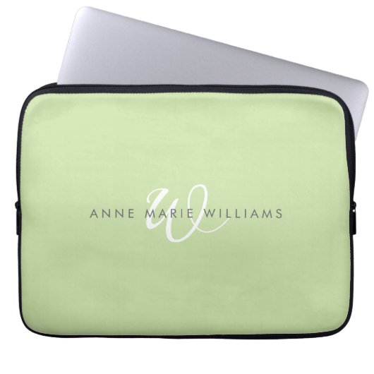 Moderne hellgrüne weiße Schriftmonogramm Laptopschutzhülle (Vorderseite)
