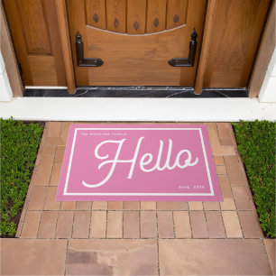 Moderne Hello Pink Weiße Schrift Familienname Fußmatte