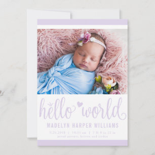 Moderne Hello World Foto Lila Geburtsstat Ankündigung