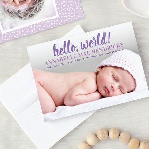 Moderne Hello World Lila Baby Mädchen Foto Geburt Ankündigung