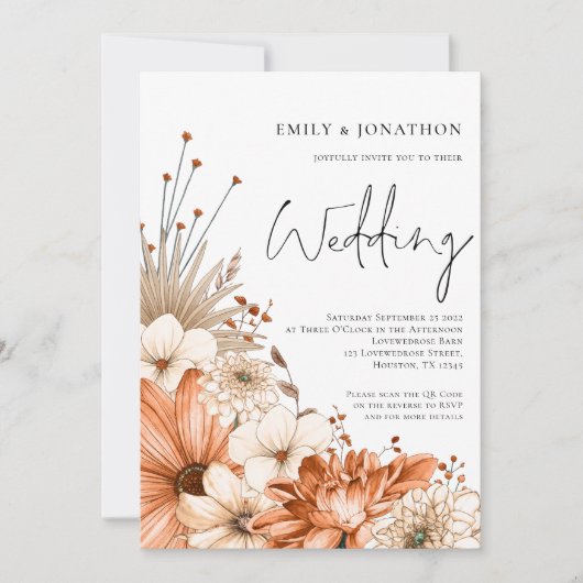 Moderne Herbst Florals Script QR Code Hochzeit Einladung (Vorderseite)