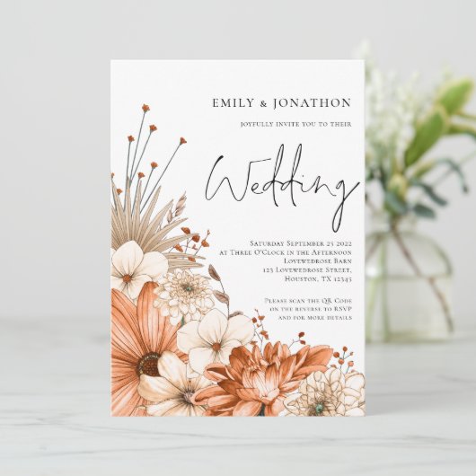 Moderne Herbst Florals Script QR Code Hochzeit Einladung (Stehend Vorderseite)