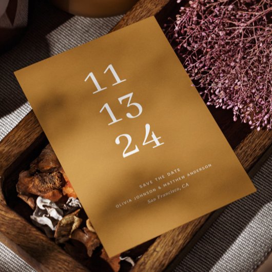 Moderne Herbst-Senf gelbe minimalistische Hochzeit Save The Date