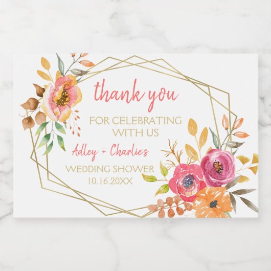 Moderne Herbstflora Wasserfarben Korallendusche Schaumweinetikett (Einzelnes Label)