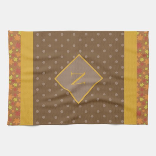 Moderne Herbstlaub Monogram Brown Polka Dot Geschirrtuch (Horizontal)