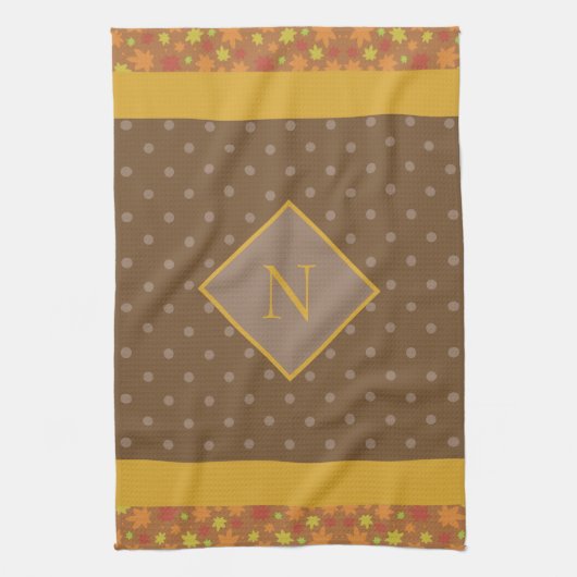 Moderne Herbstlaub Monogram Brown Polka Dot Geschirrtuch (Vertikal)