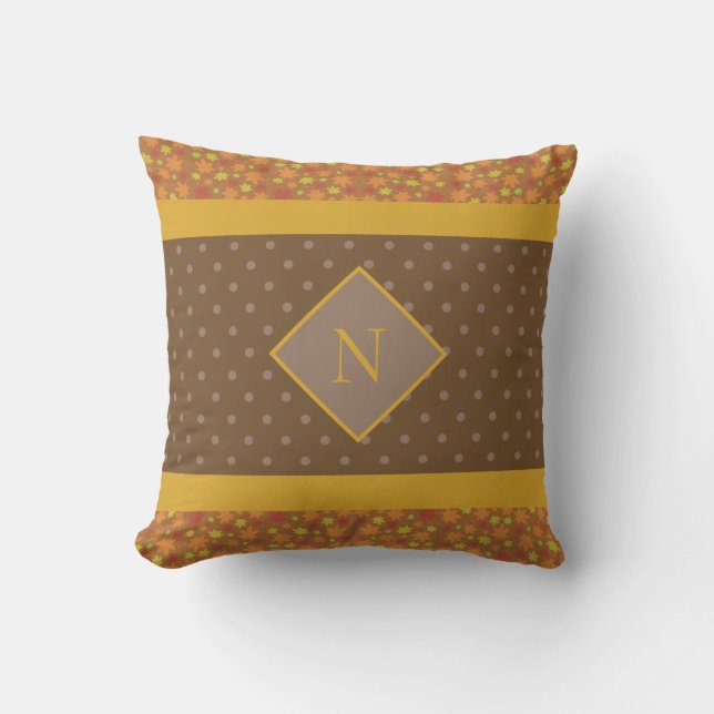Moderne Herbstlaub Monogram Brown Polka Dot Kissen (Vorderseite)