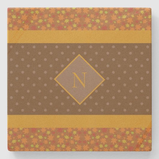 Moderne Herbstlaub Monogram Brown Polka Dot Steinuntersetzer (Vorderseite)