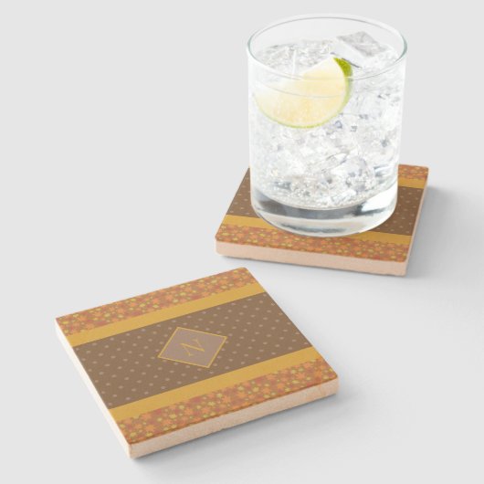 Moderne Herbstlaub Monogram Brown Polka Dot Steinuntersetzer (Seitenansicht)