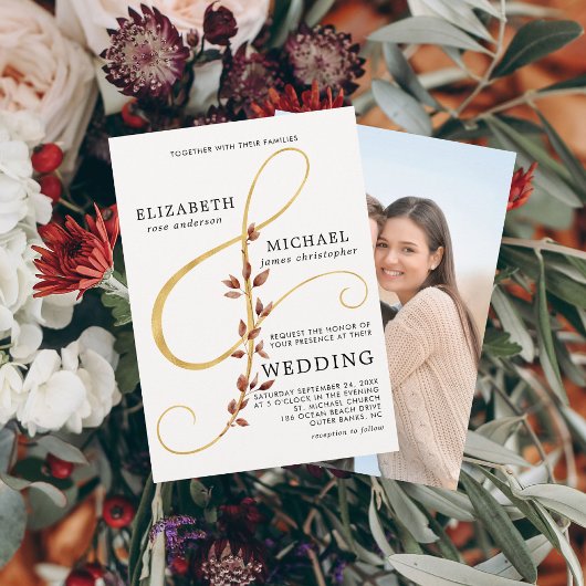 Moderne Herbstlaube Ampersand einfaches Foto Hochz Einladung