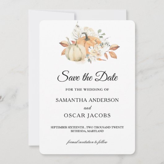 Moderne Herbstpumpen und Blume Save The Date (Vorderseite)