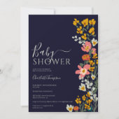 Moderne Herbstretro-Blume mit blauer Babydusche Einladung (Vorderseite)