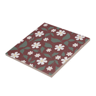 Moderne Heritage Daisy Floral Dunkelrot & Grün Fliese