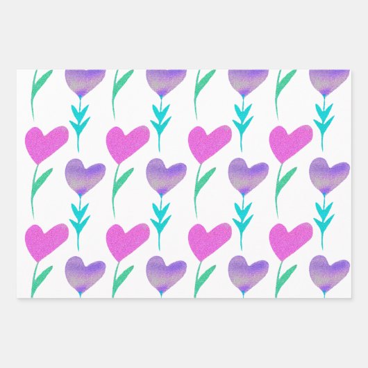 Moderne Herz-Blume Gemustert Valentine Geschenkpapier Set (Vorderseite)