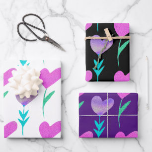 Moderne Herz-Blume Gemustert Valentine Geschenkpapier Set