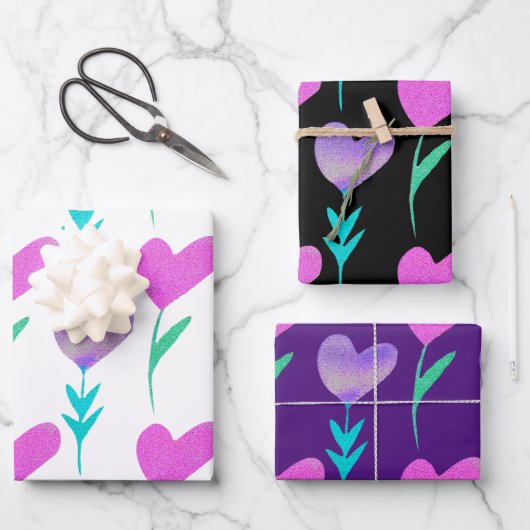 Moderne Herz-Blume Gemustert Valentine Geschenkpapier Set (Vorderseite)