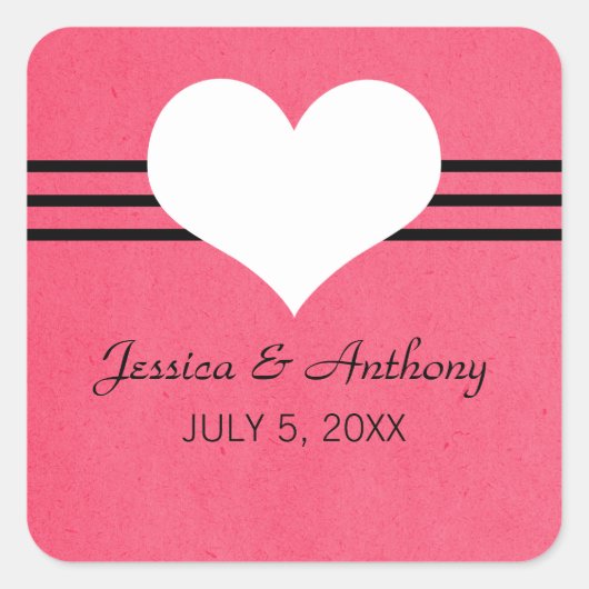 Moderne Herz-Hochzeitsticker, rosa Quadratischer Aufkleber (Vorderseite)