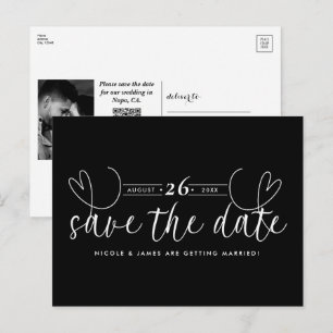 Moderne Herz-Schwarz-Weiß-Chic-Save-the-Date-Karte Ankündigungspostkarte