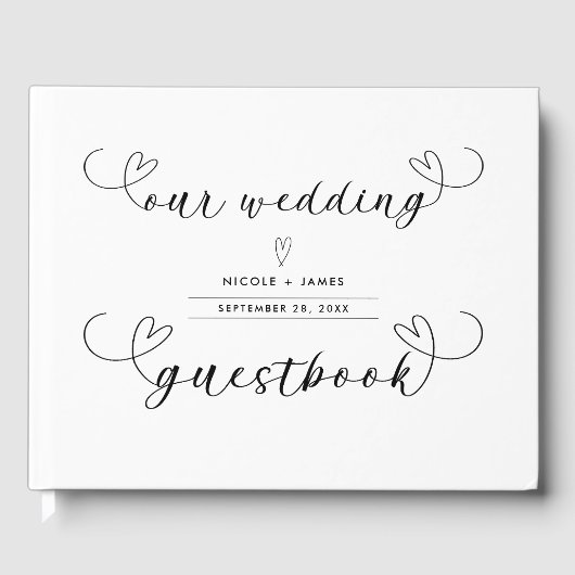 Moderne Herz Schwarz & Weiß Minimale Hochzeit Gästebuch (Vorderseite)