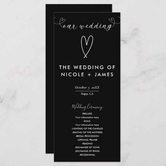 Moderne Herz Schwarz & Weiß Minimale Hochzeit Programm (Vorne/Hinten)