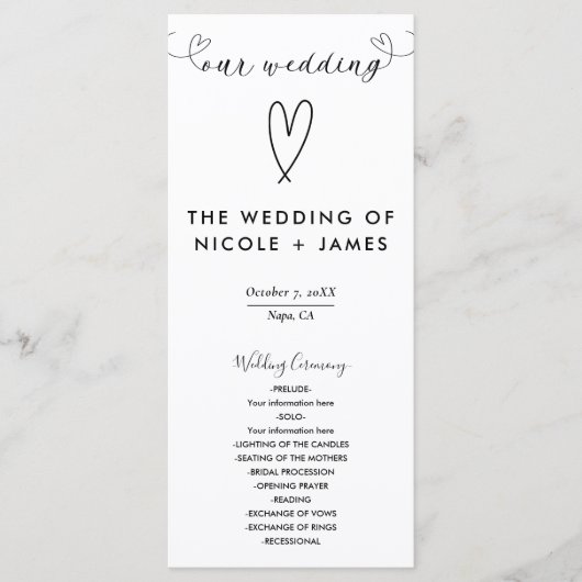 Moderne Herz Schwarz & Weiß Minimale Hochzeit Programm (Vorderseite)