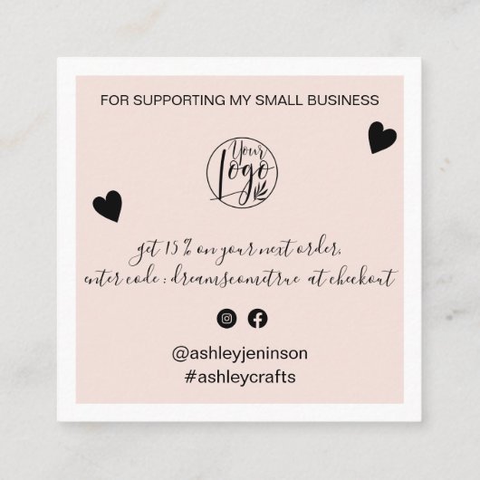 Moderne Herzen danke dir Drehbuch Ordnung rot Rosa Quadratische Visitenkarte (Rückseite)