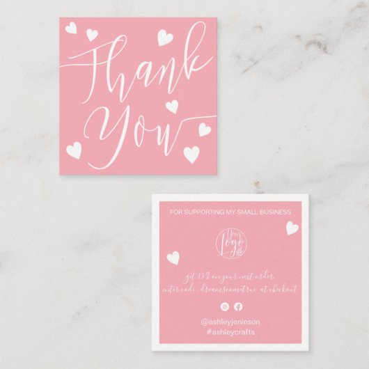 Moderne Herzen danke dir Drehbuch Reihenfolge rosa Quadratische Visitenkarte (Vorne/Hinten)