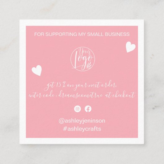 Moderne Herzen danke dir Drehbuch Reihenfolge rosa Quadratische Visitenkarte (Rückseite)