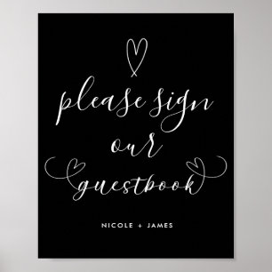 Moderne Herzen Schwarz-Weiß Hochzeitsgästebuch-Sch Poster