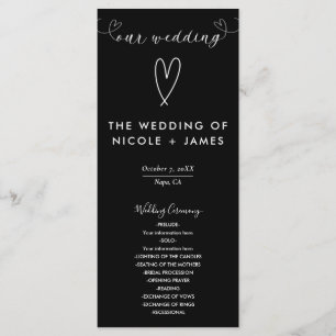 Moderne Herzen Schwarz & Weiß Minimal Hochzeit Programm