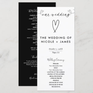 Moderne Herzen Schwarz & Weiß Minimal Hochzeit Programm
