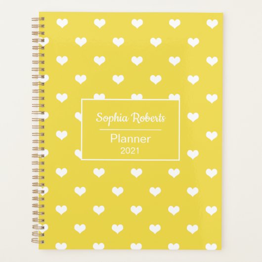 Moderne Herzmuster gelb-weiß personalisiert Planer (Vorderseite)