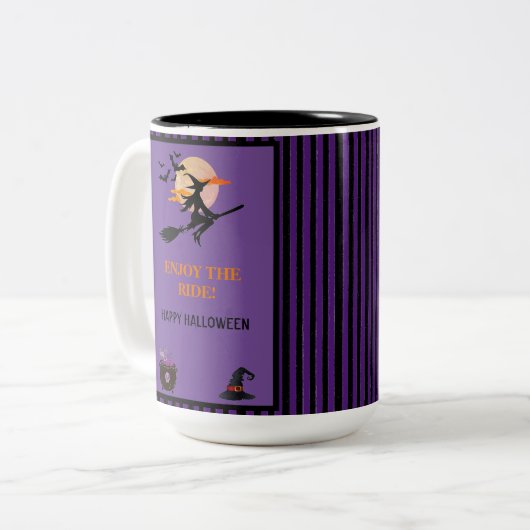 Moderne Hexen Fledermäuse Lila schwarze Streifen H Zweifarbige Tasse (Vorderseite Links)