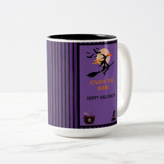 Moderne Hexen Fledermäuse Lila schwarze Streifen H Zweifarbige Tasse (VorderseiteRechts)