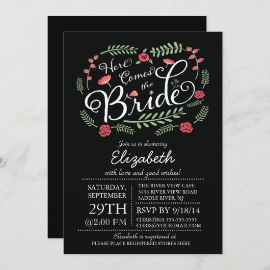 Moderne hier kommt die Braut Blumen Einladung (Vorne/Hinten)