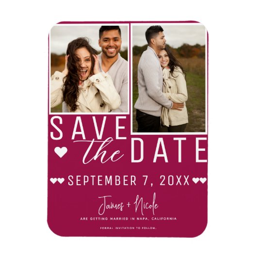 Moderne Himbeere Save the Date 2 Foto Hochzeit Magnet (Vertikal)