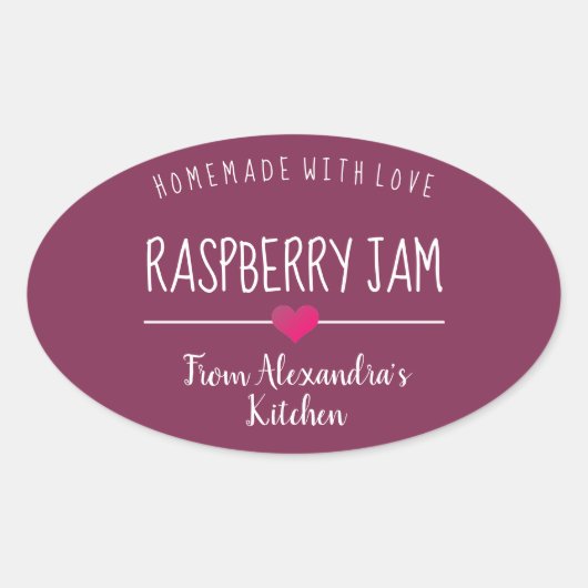 Moderne Himbeermarmelade lila hausgemacht mit Lieb Ovaler Aufkleber (Vorderseite)