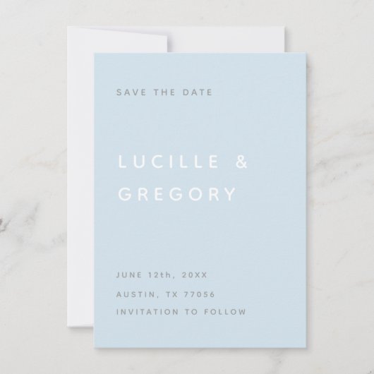 MODERNE HIMMELBLAUE REDAKTIONELLE SCHRIFT IN GROSS SAVE THE DATE (Vorderseite)