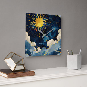 Moderne himmlische Sonne, Sterne und blaue Wolken Quadratische Wanduhr