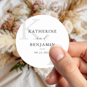 Moderne hite Monogram Minimalistisch Wedding Runder Aufkleber