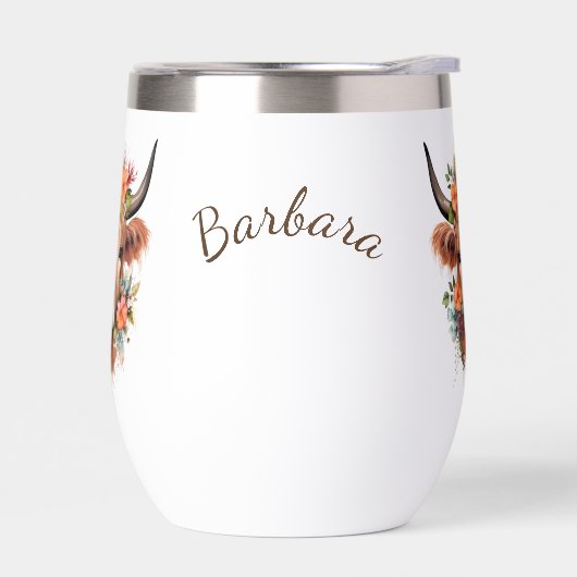 Moderne Hochlandkuh mit Niedlichen Boho-Blume (Links)